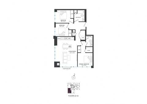Floor plan for 3 beds, 2 baths, 1009 sqft